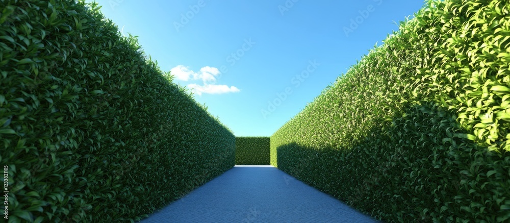 Aufkleber Lush green hedge maze pathway leading towards a blue sky with clouds and open exit Copy Space