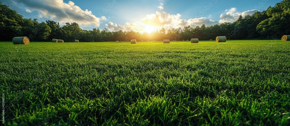 Poster sunset over green field with hay bales and trees in background natural landscape photography with co