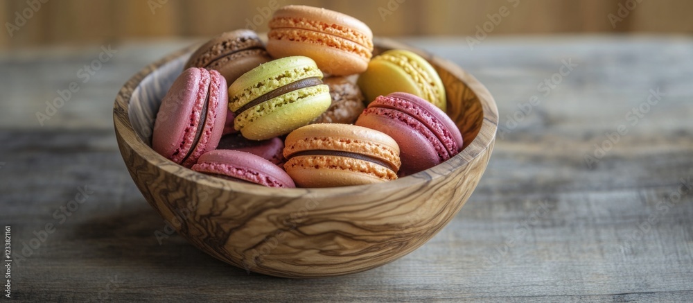 Poster colorful macarons in an organic wooden bowl on a rustic wooden surface with soft lighting and copy s