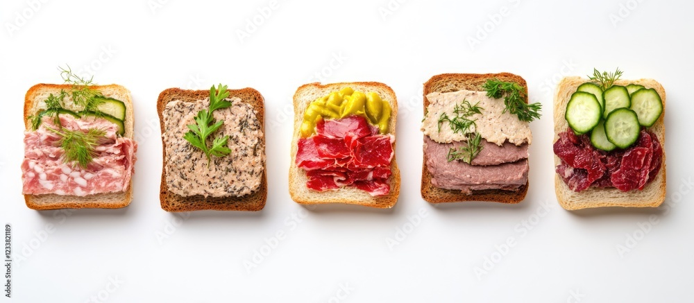 Poster Assorted open-faced sandwiches on white background with copy space for text