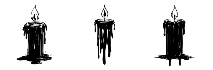 Set of Candle Illustrations, Dripping Wax Candles, Black and White Vector Graphics, Spooky Decorations, Gothic Elements, Isolated on White Background