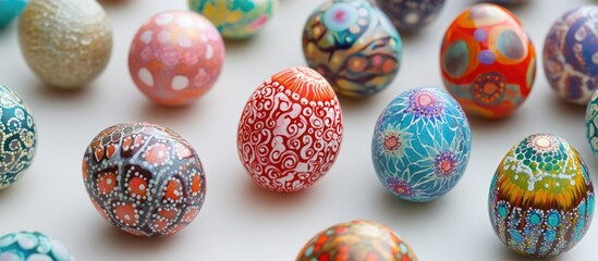 Colorful intricately decorated Easter eggs arranged on a white background with Copy Space for text placement