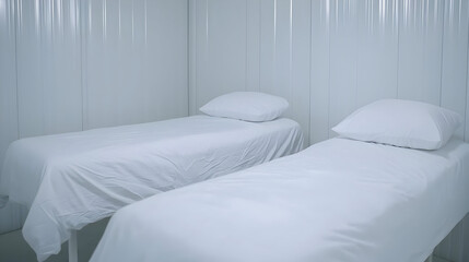 Clean white hospital beds in sterile environment for medical treatment