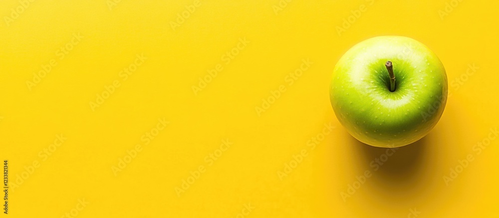 Poster Green apple on yellow background with Copy Space for text placement