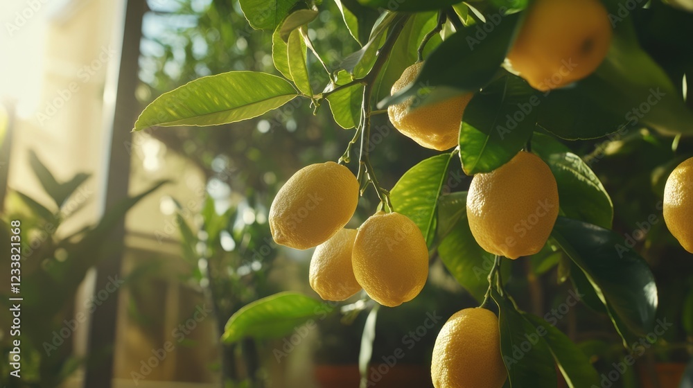 Poster lemon tree with ripe yellow lemons hanging from branches in a sunlit greenhouse with leaves and copy