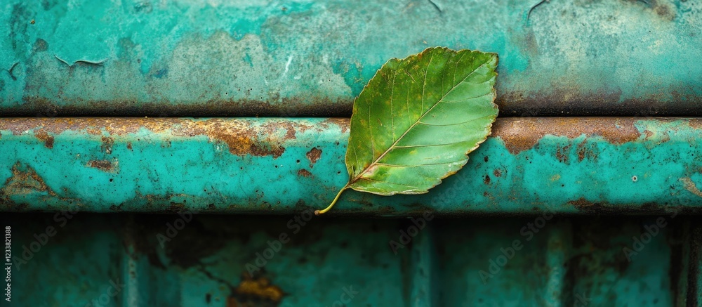 Poster Green leaf on rusty metal surface with textured background and Copy Space for text placement.