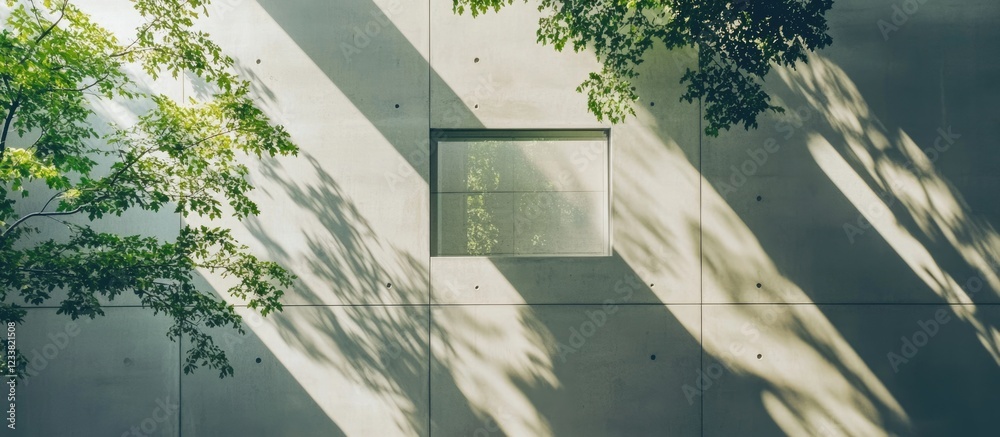 Aufkleber concrete wall with window and shadows of tree branches, natural light highlighting texture and desig
