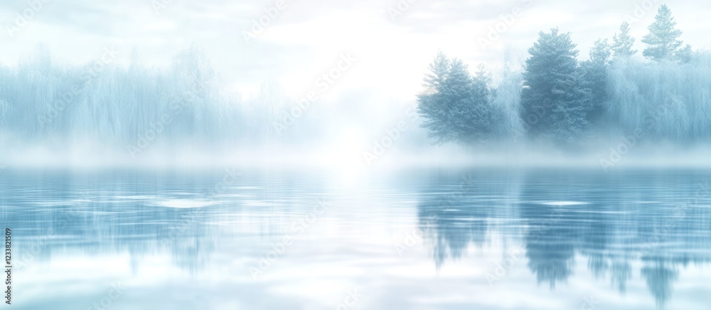 Poster foggy lake landscape with trees and soft light reflection on water surface copy space