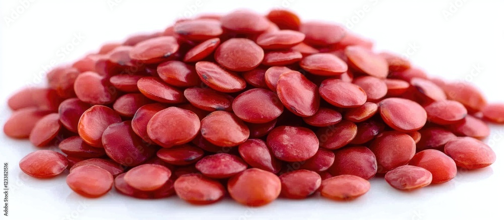 Poster Red seeds piled on a white background with ample copy space for text insertion.