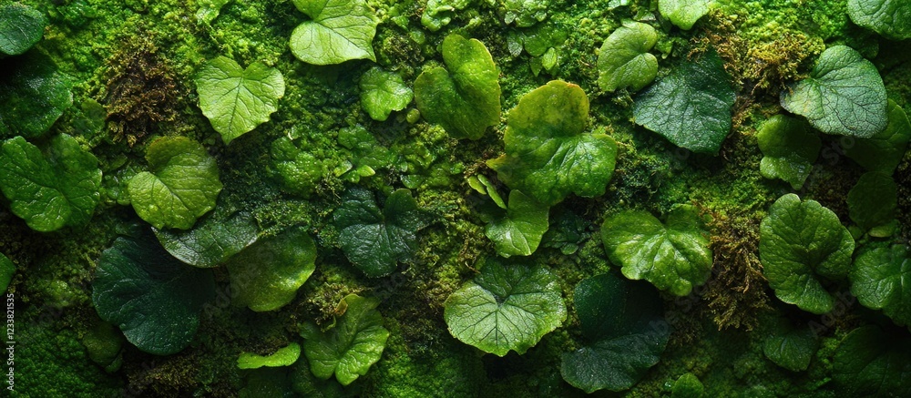 Poster lush green foliage with various leaf shapes and textures forming a natural background with copy spac