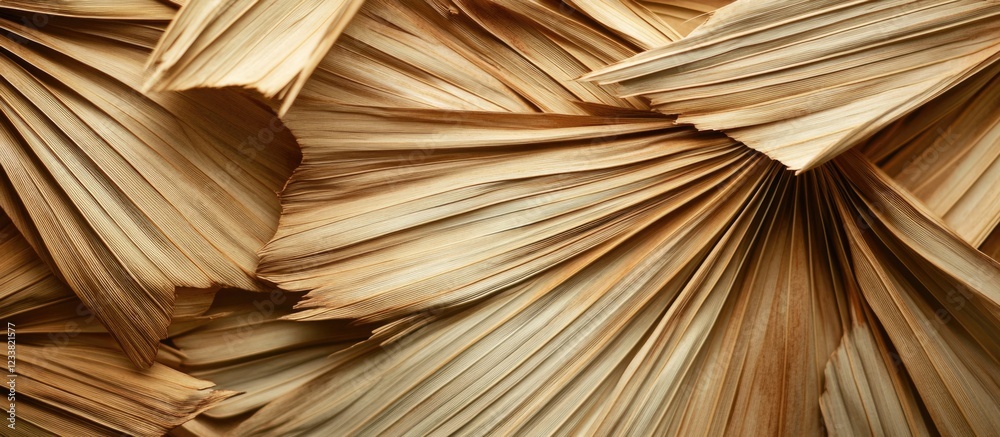 Poster textured close-up of overlapping dried palm leaves in warm tones with natural patterns and copy spac