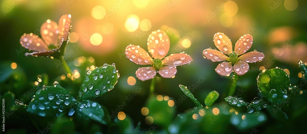 Poster delicate pink flowers with water droplets on green leaves in soft morning light with blurred bokeh b