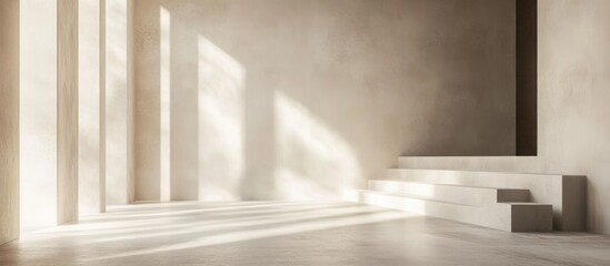 Interior empty room with natural light shadows on textured walls and steps, minimalistic design with copy space