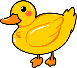 Cute Cartoon Duck: A cheerful yellow duck with big, round eyes and a charming smile. The duck is depicted in a cartoon style with a simple yet endearing design, perfect for children's books.