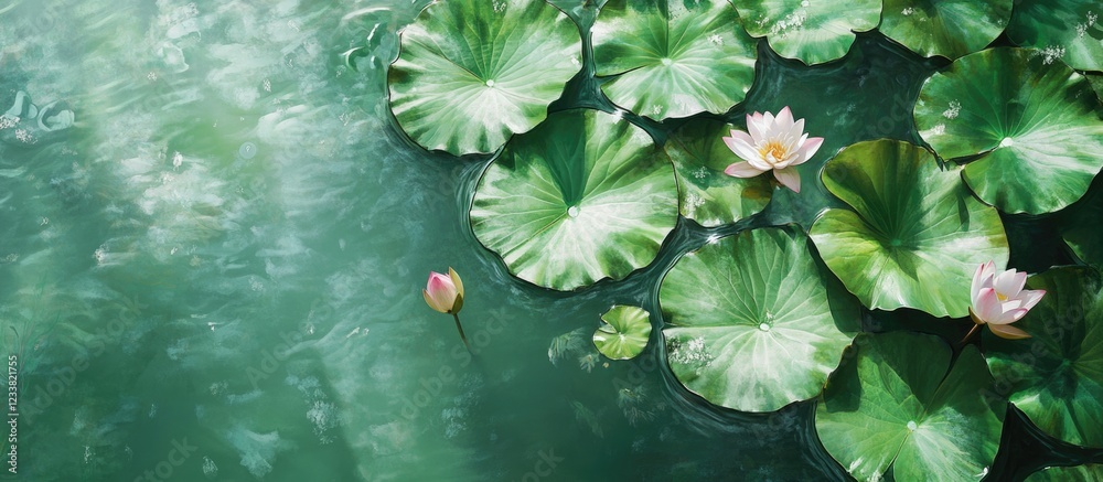 Poster water lily leaves and flowers on a tranquil pond surface with a gentle green hue and copy space for 