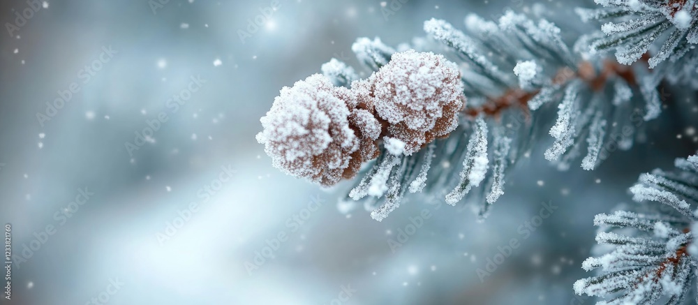 Aufkleber Frosted pine cone on a snowy branch with soft focus background and Copy Space for text placement