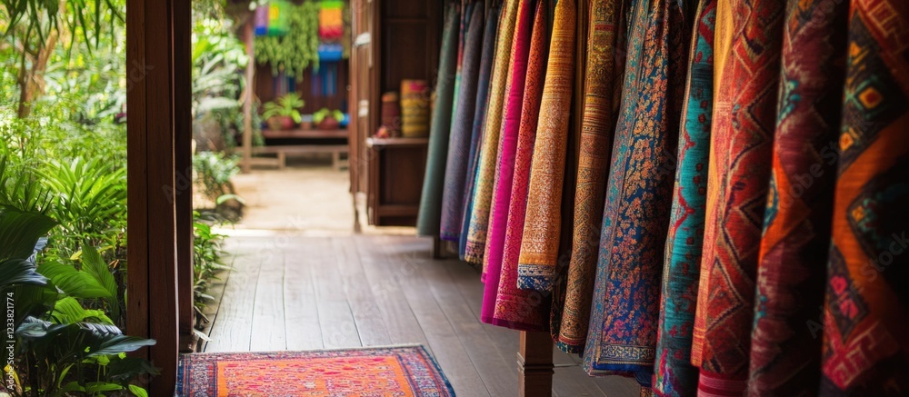 Poster colorful textiles hanging in a rustic interior with wooden flooring and green plants visible, featur
