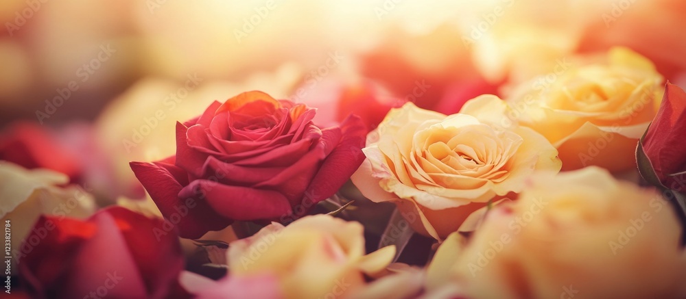 Poster colorful assortment of red and yellow roses with soft focus background and warm lighting copy space