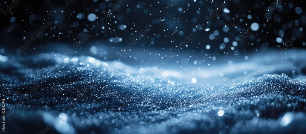 Poster blue water droplets and shimmering particles on a dark background with copy space for text.