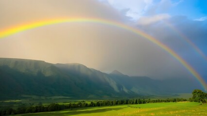 Naklejka premium there is a rainbow that appears to be coming out of the sky over a mountain