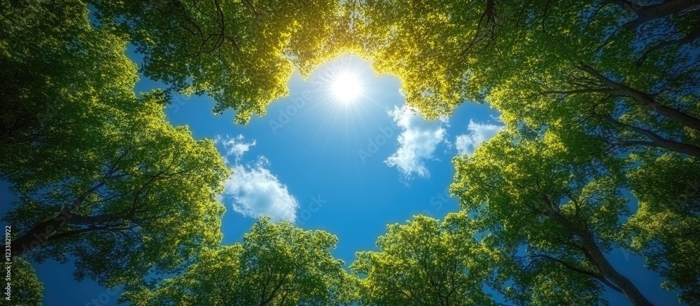 Poster lush green treetops and bright sun illuminating blue sky with clouds in a forest setting copy space