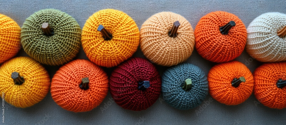 Poster colorful crochet pumpkins displayed in a row on a flat surface with neutral background copy space