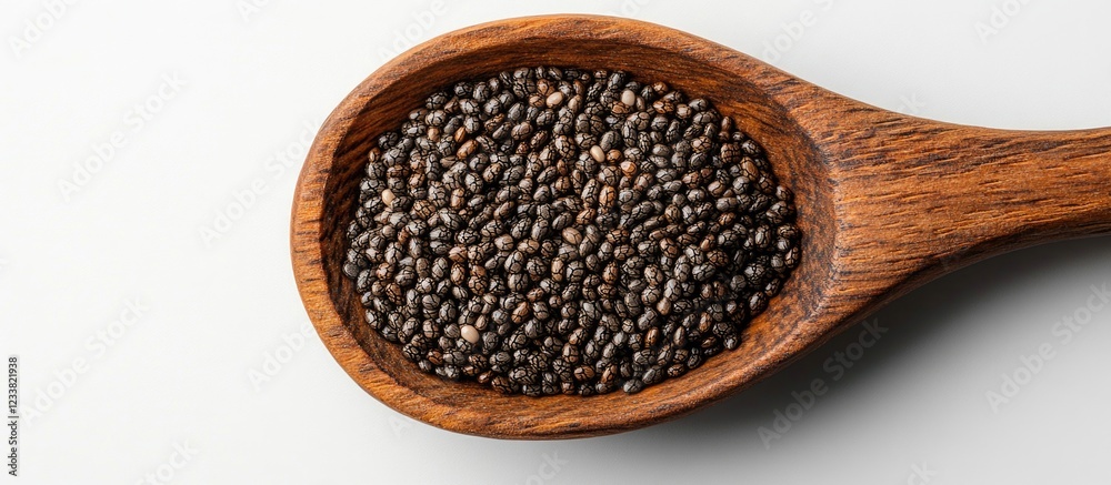 Poster wooden spoon filled with black mustard seeds on a light background with copy space for text placemen
