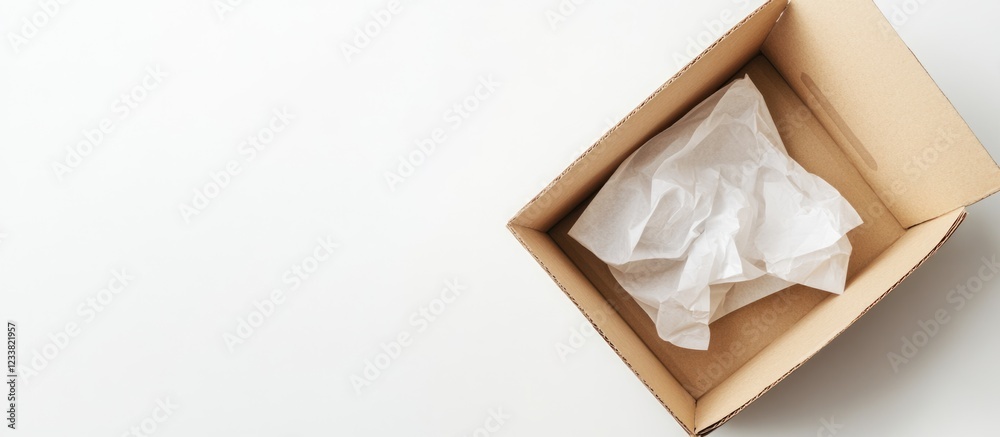 Aufkleber cardboard box with crumpled paper inside on white background with copy space for text or branding.