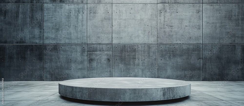Poster concrete presentation platform against a textured wall in a minimalist interior setting with copy sp