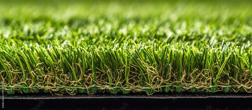 Poster artificial turf close-up with detailed texture and green blades, isolated on black base, featuring p