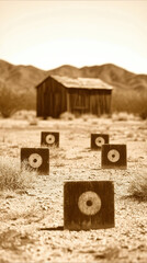 Old school shooting range with targets in desert landscape