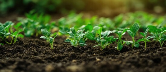 Green seedling plants growing in dark soil with sunlight in the background Copy Space