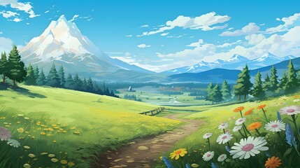 Gorgeous hand-drawn illustration depicting scenic mountains and farmlands, enriched with intricate details and an anime-inspired touch.
