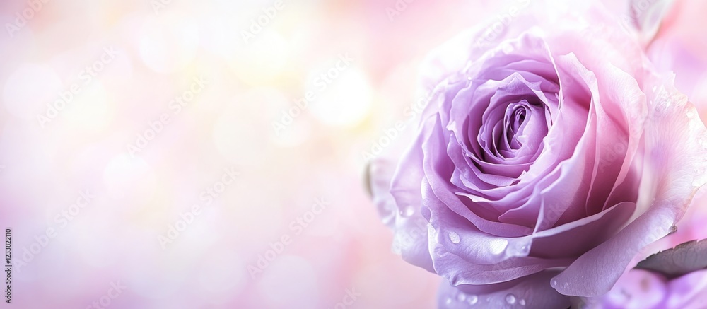 Aufkleber lavender rose with water droplets on soft pink blurred background and copy space for text