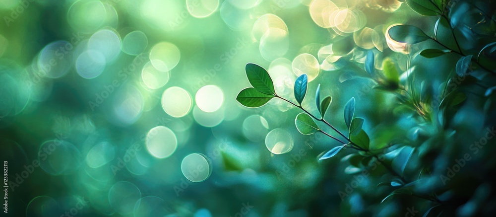 Poster green foliage with soft bokeh background and heart-shaped leaves, nature abstract photography with c
