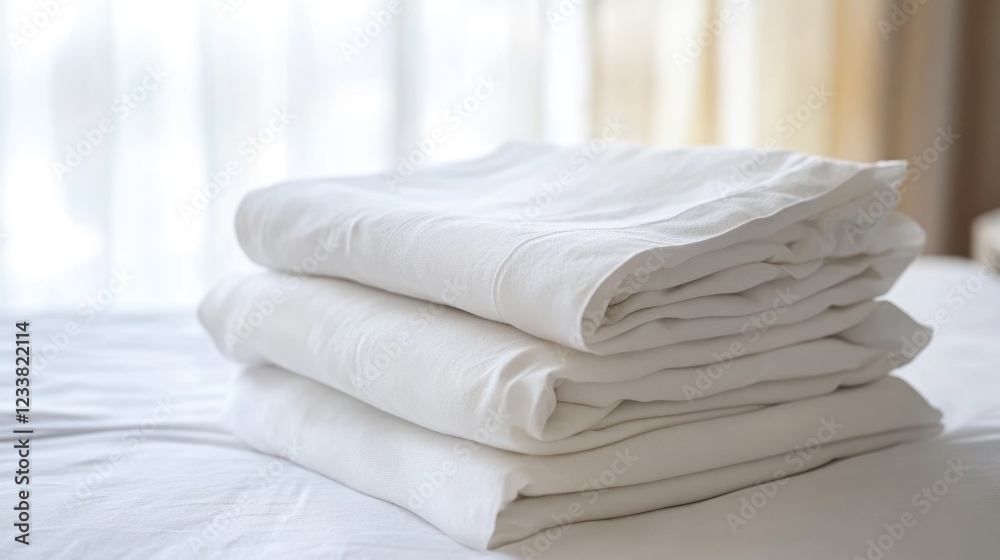 Poster stack of neatly folded white bedsheets on a bed with soft focus background and natural light copy sp