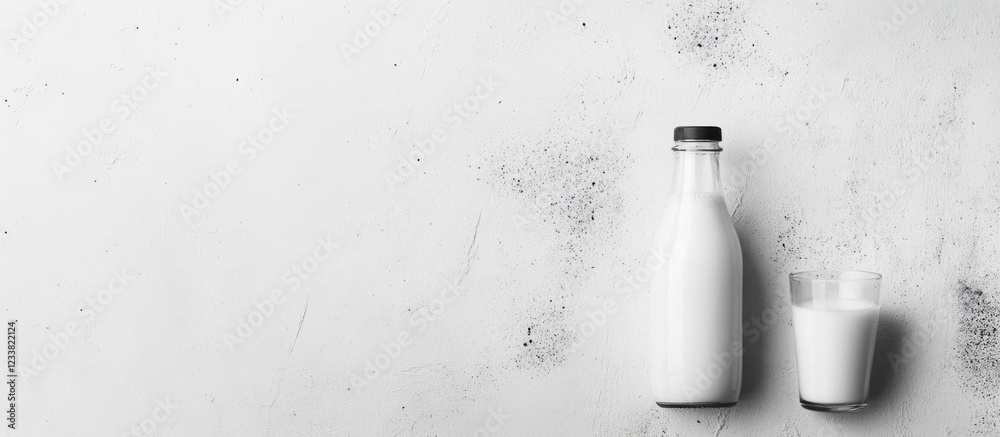 Aufkleber milk bottle and glass on a textured white background with copy space for text placement.