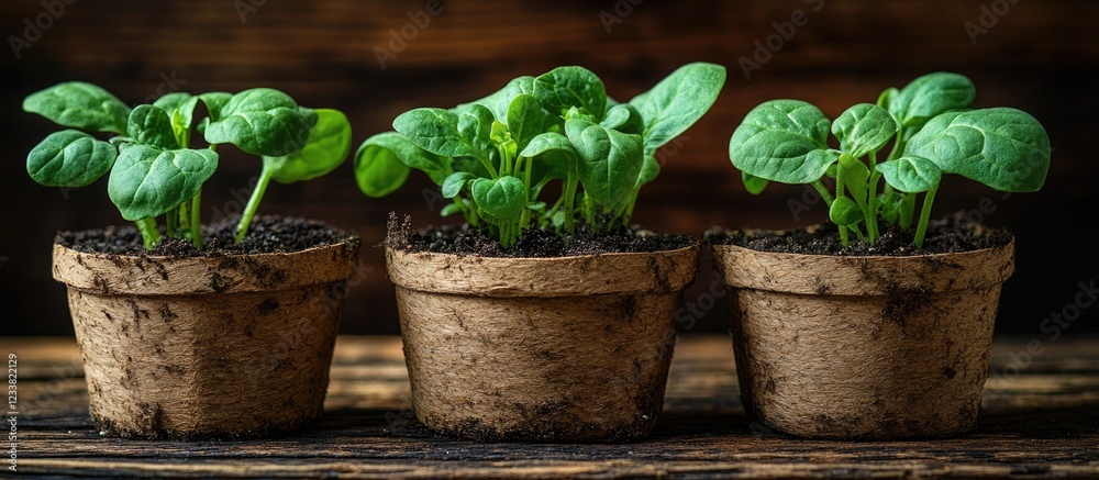 Poster green seedlings in biodegradable pots on wooden surface with copy space for text.