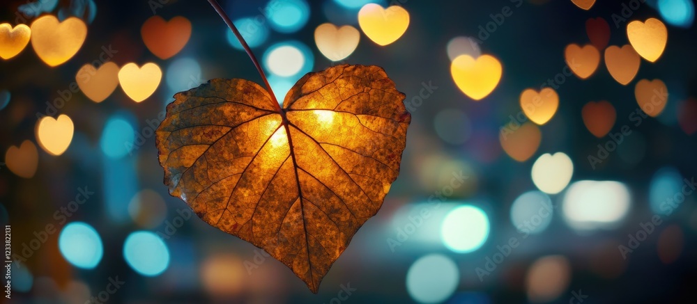 Poster heart-shaped dry leaf illuminated against a blurred colorful bokeh background with heart shapes copy