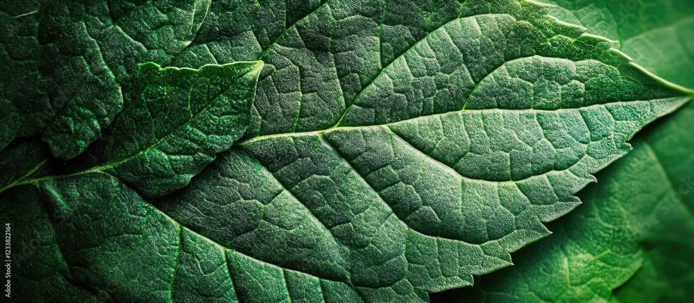 Poster detailed close-up of green leaves with visible texture and veins on a dark background copy space