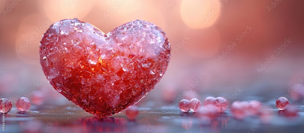 Poster Heart-shaped crystal decoration on a reflective surface with blurred sparkling background and Copy Space for text placement