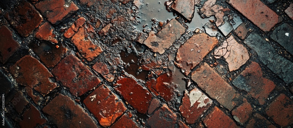 Poster Wet cobblestone street in urban setting with reflections and texture details Copy Space