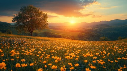 Fototapeta premium Sunset Over Field of Yellow Wildflowers and Lone Tree in Summer Landscape