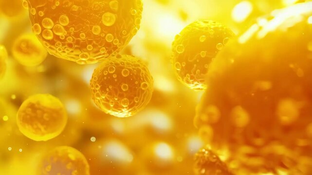 Golden oil bubbles floating and shimmering in bright yellow liquid