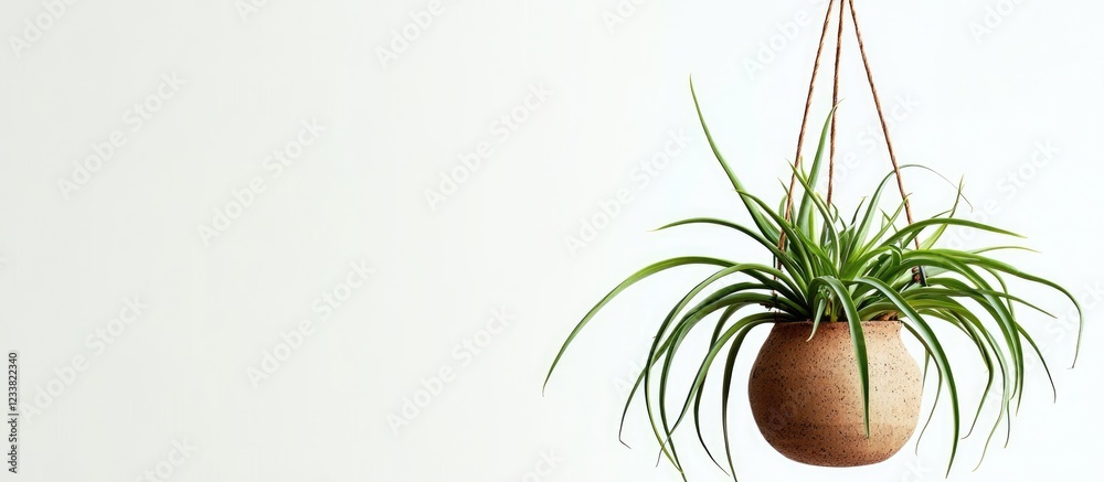 Poster hanging potted plant with long green leaves on a light background with ample copy space for text pla