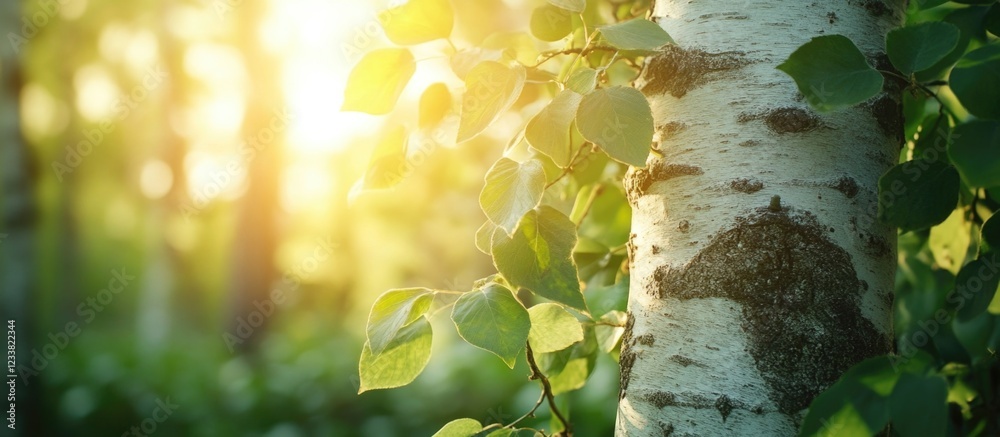 Poster sunlight filtering through green leaves on birch trees in a forest setting with soft bokeh backgroun