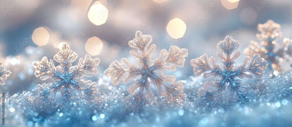 Poster Snowflakes on Glittering Surface with Bokeh Lights in Background Copy Space
