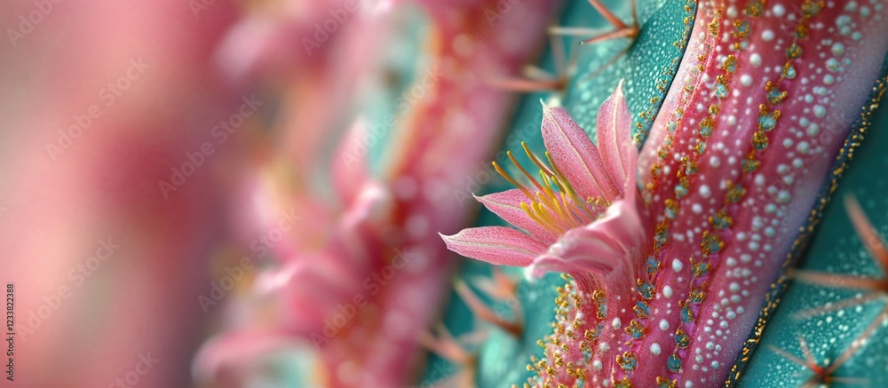 Poster close-up of vibrant cactus flowers on textured green cactus surface with soft blurred background and