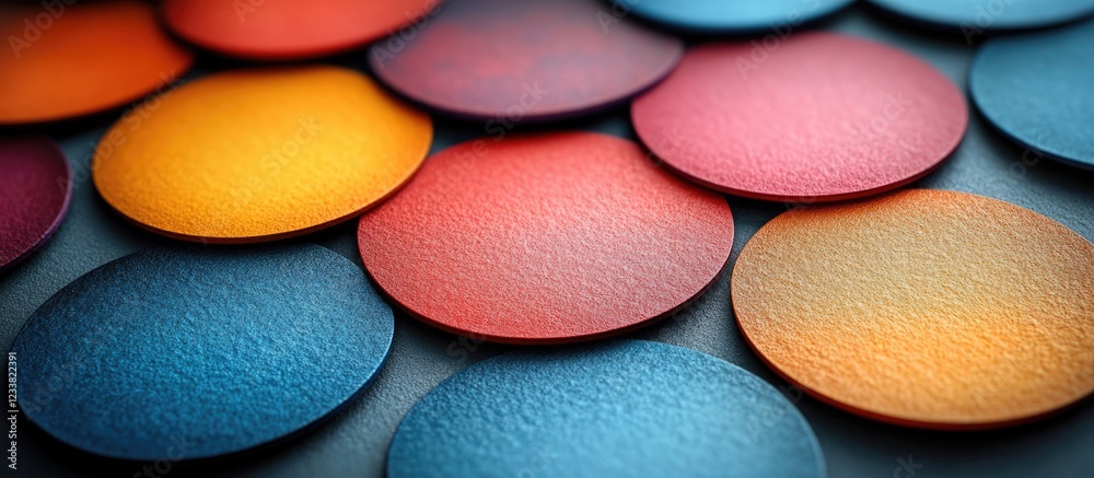 Poster Colorful circular textured discs arranged aesthetically on a surface with Copy Space for text placement