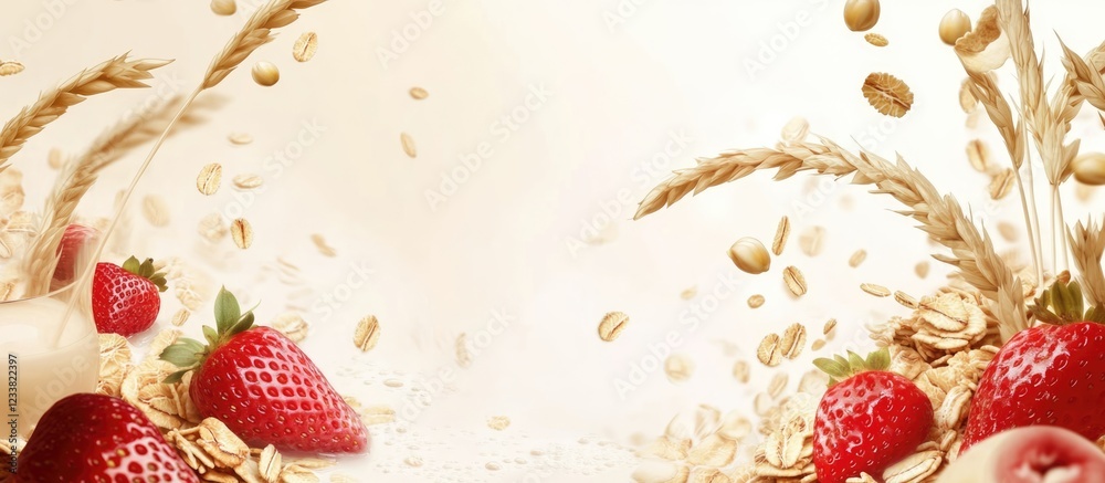 Poster Strawberries and oats scattered on a soft beige background with copy space for text placement